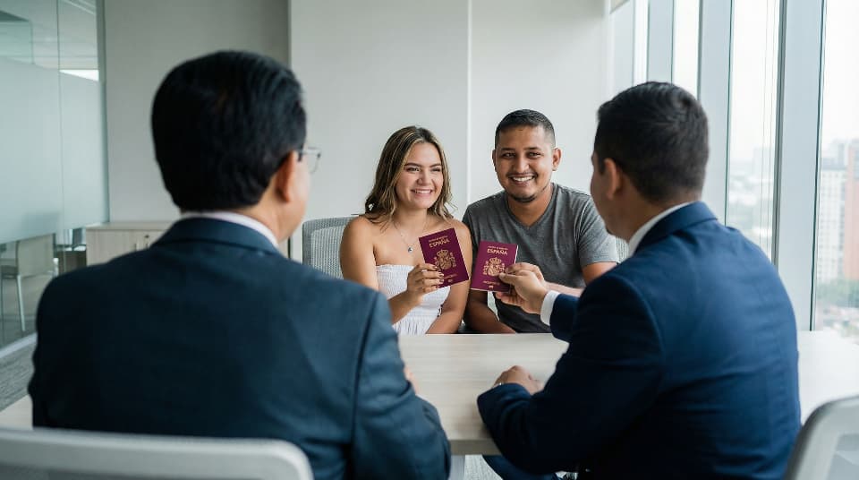 dos personas latinas recibiendo los pasaportes españoles por parte de los abogados extranjeristas